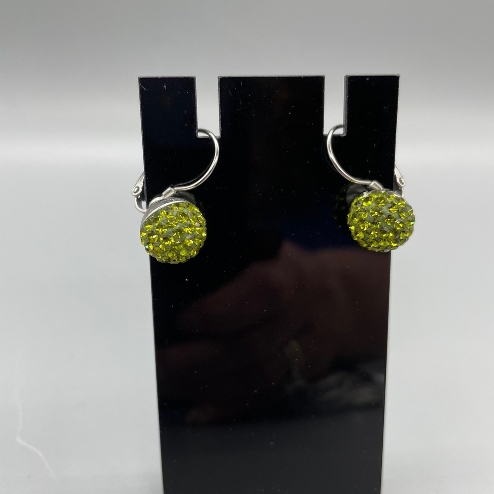 Lime Green Crystal Disco Ball Leverback Drop Earrings Silver Tone Pavé Round